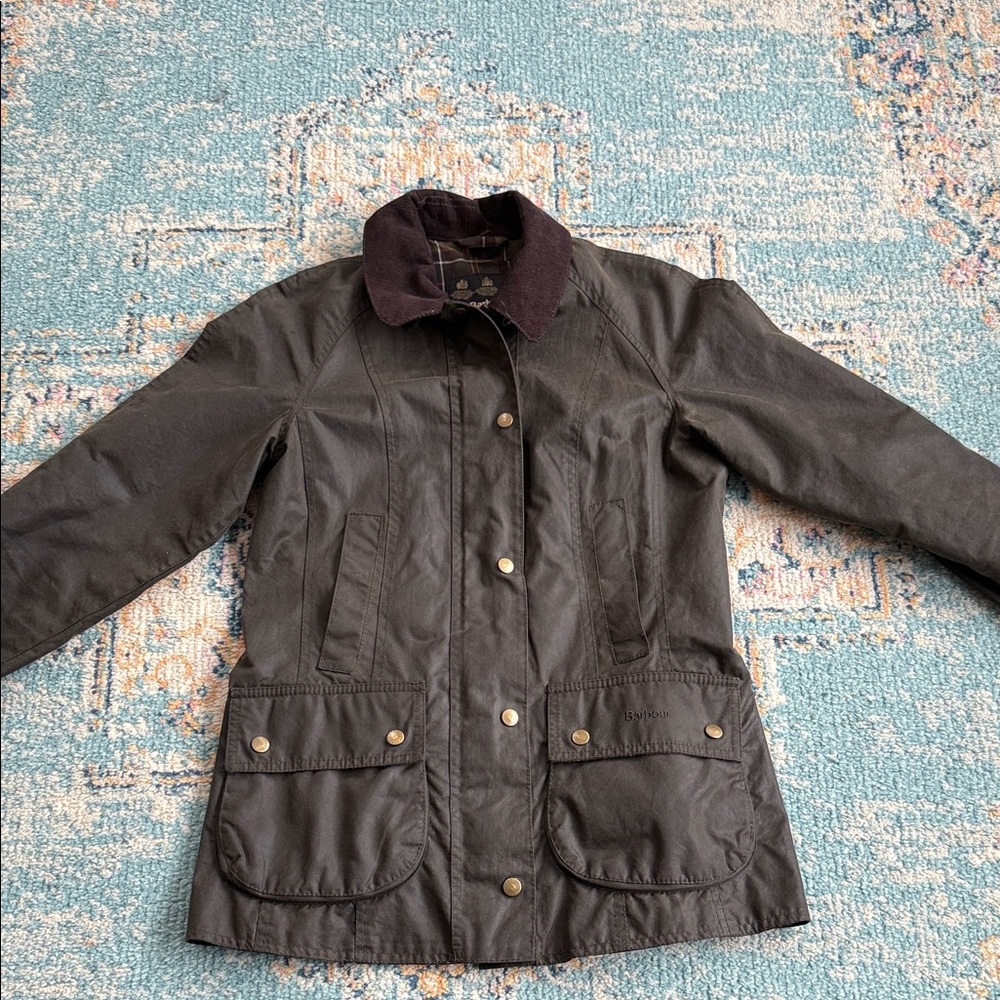 Barbour Olive Beadnell Jacket with custom brass buttons